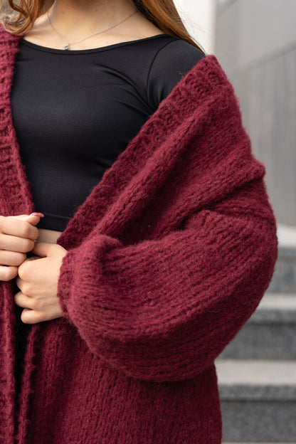 Women's Handmade Chic Long Burgundy Alpaca Silk Cardigan