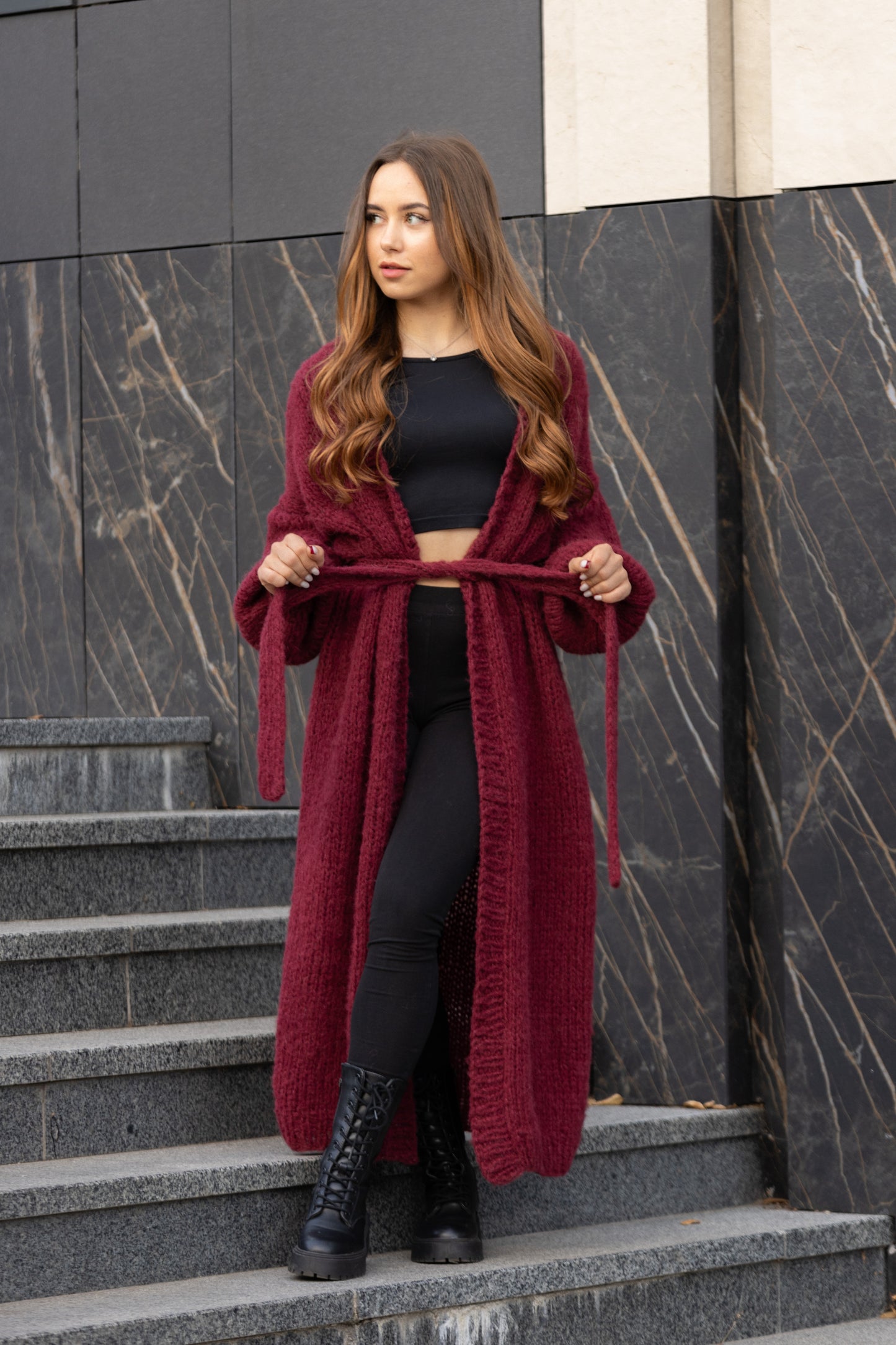 Women's Handmade Chic Long Burgundy Alpaca Silk Cardigan