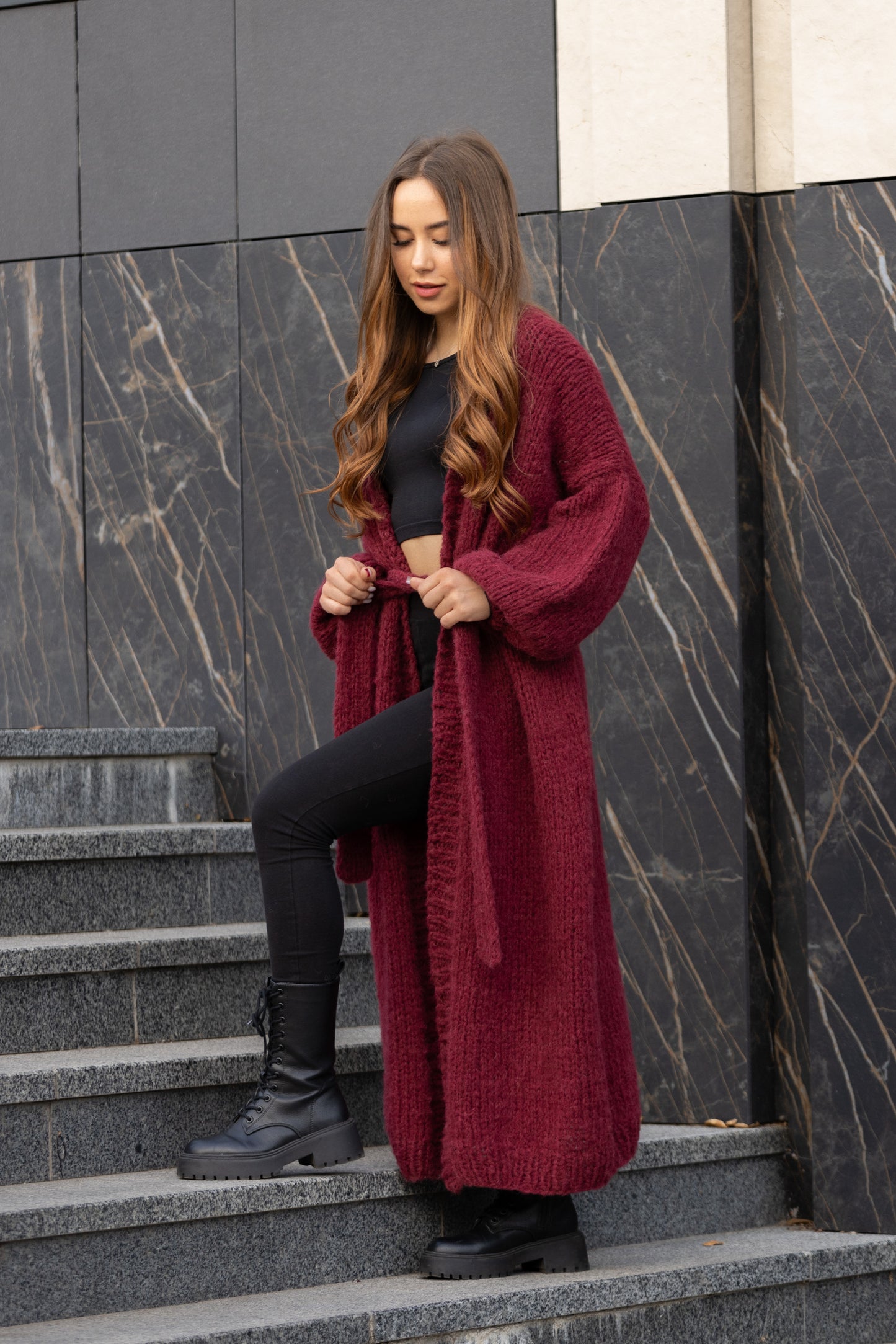 Women's Handmade Chic Long Burgundy Alpaca Silk Cardigan