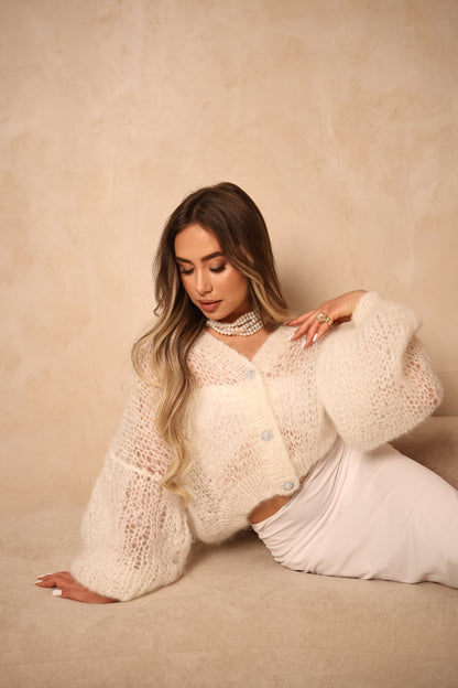 Handmade Women’s Luxurious White Mohair Cardigan