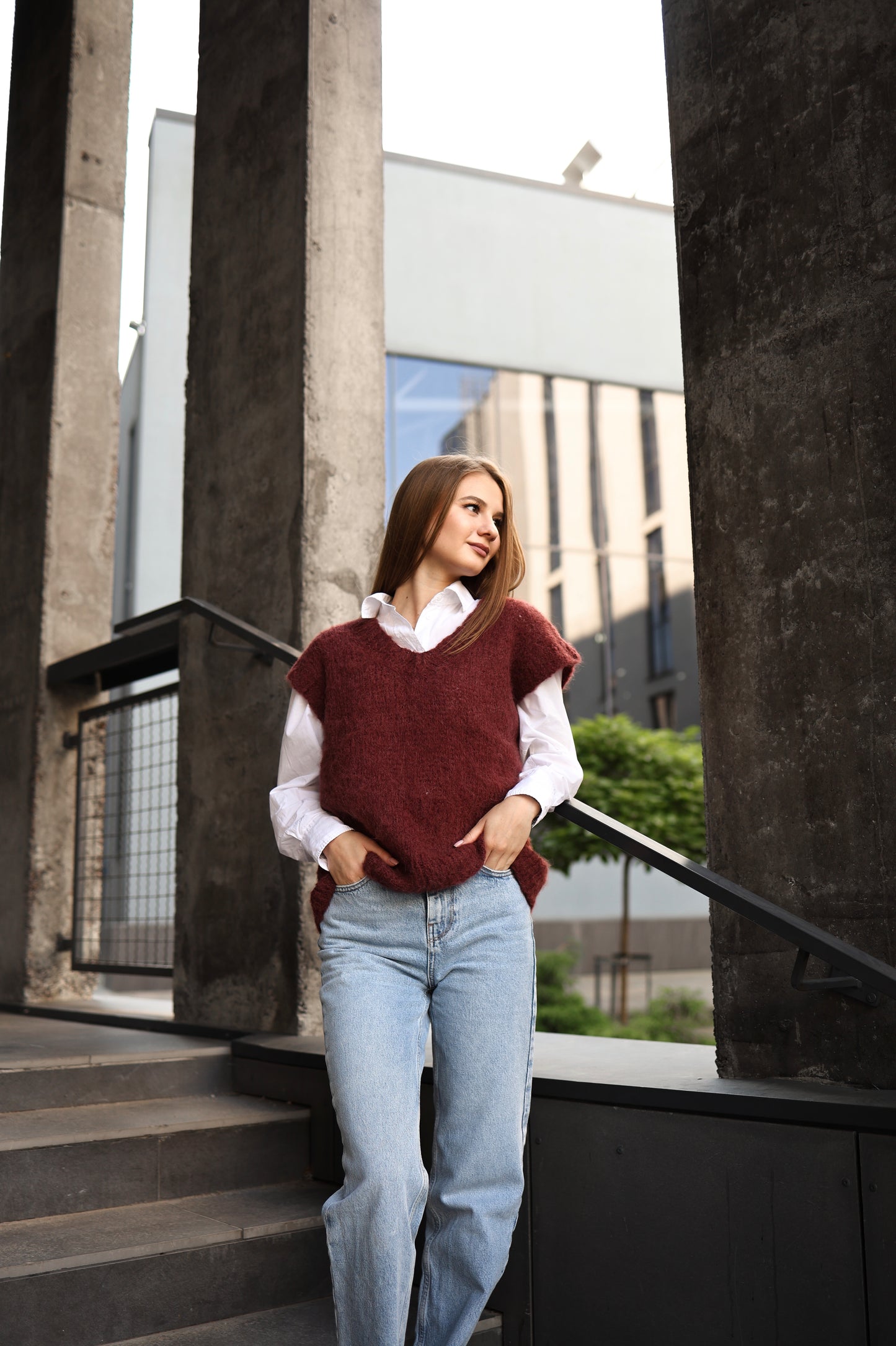 Women's Burgundy Handmade Alpaca Wool V-Neck Vest