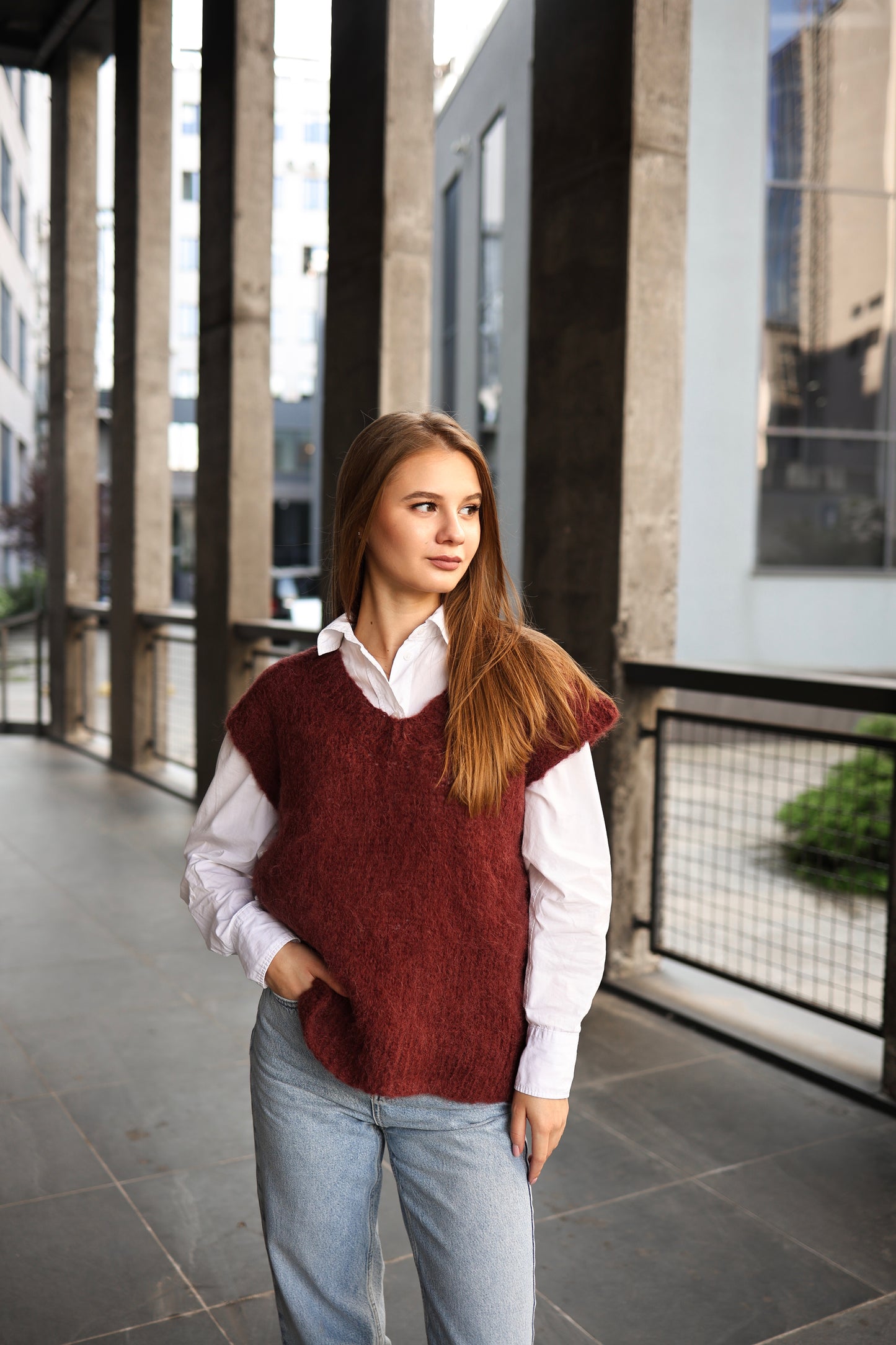 Women's Burgundy Handmade Alpaca Wool V-Neck Vest