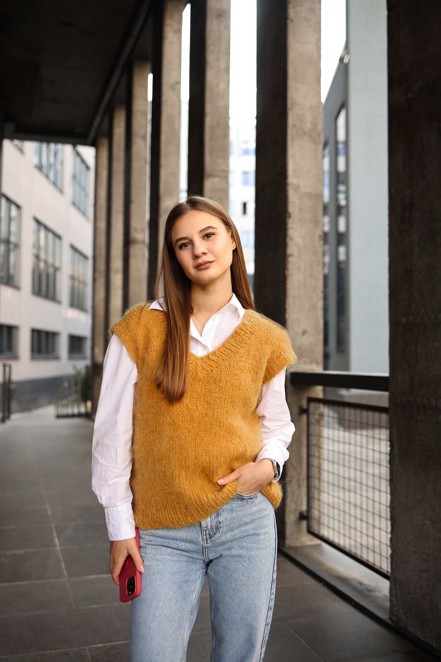 Women's Mustard Handmade Alpaca Wool V-Neck Vest