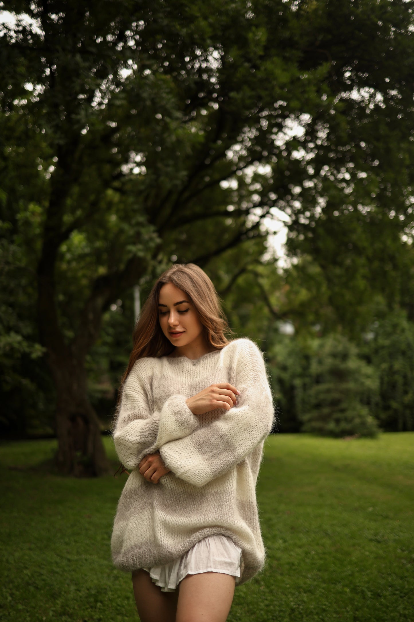 Handmade Oversized Beige & White Striped Mohair Pullover