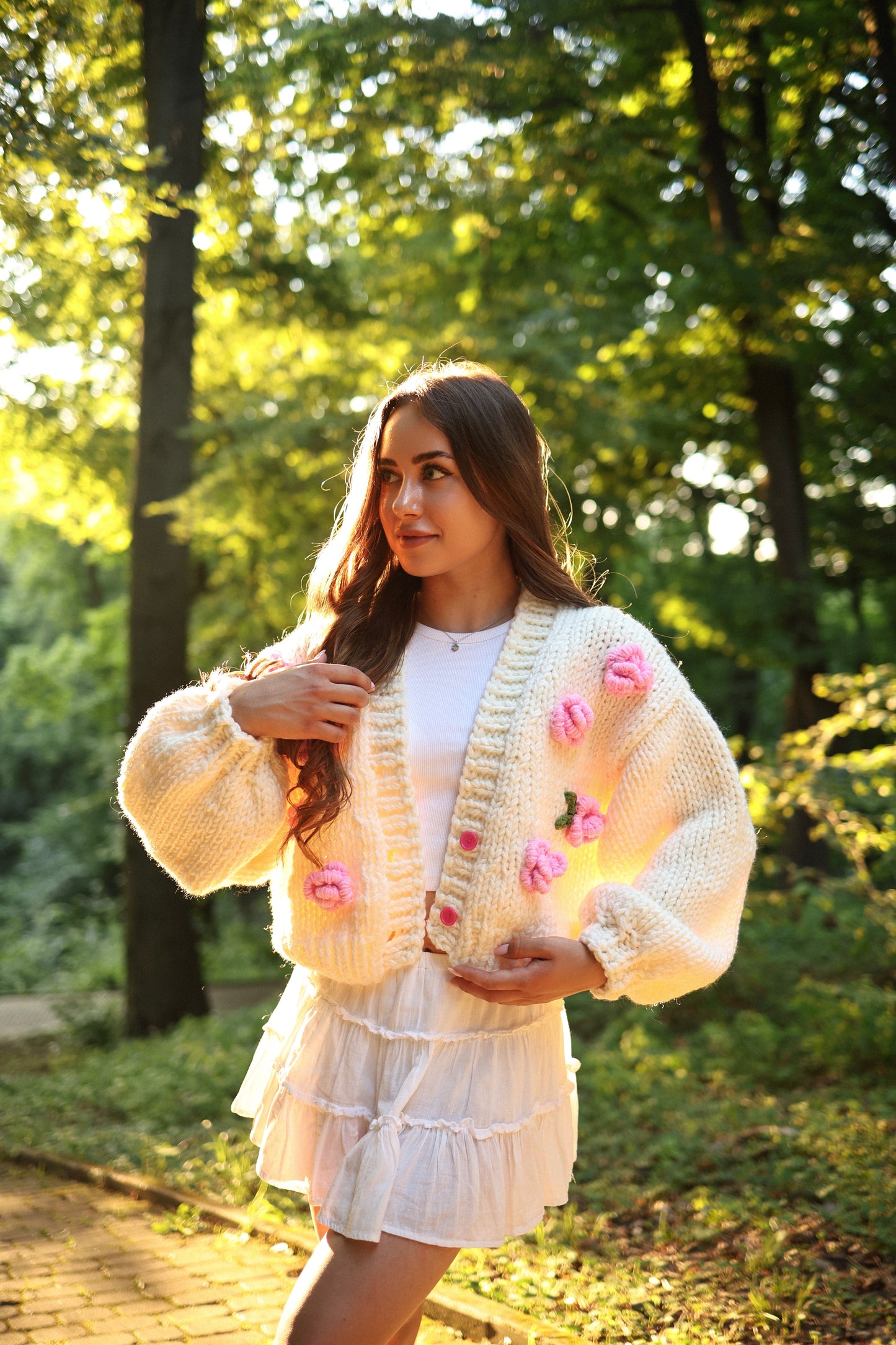 Women's Luxury Hand-Knitted Cream Rose Pattern Cardigan