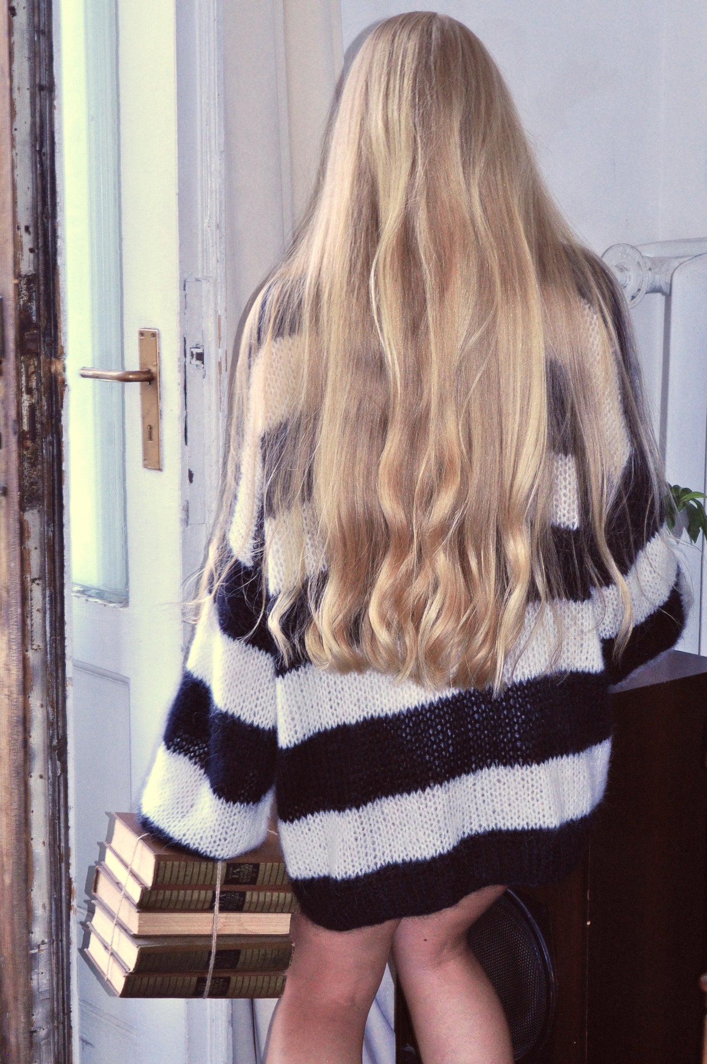 Handmade Oversized Black & White Striped Mohair Pullover