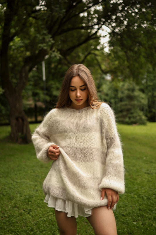 Handmade Oversized Beige & White Striped Mohair Pullover