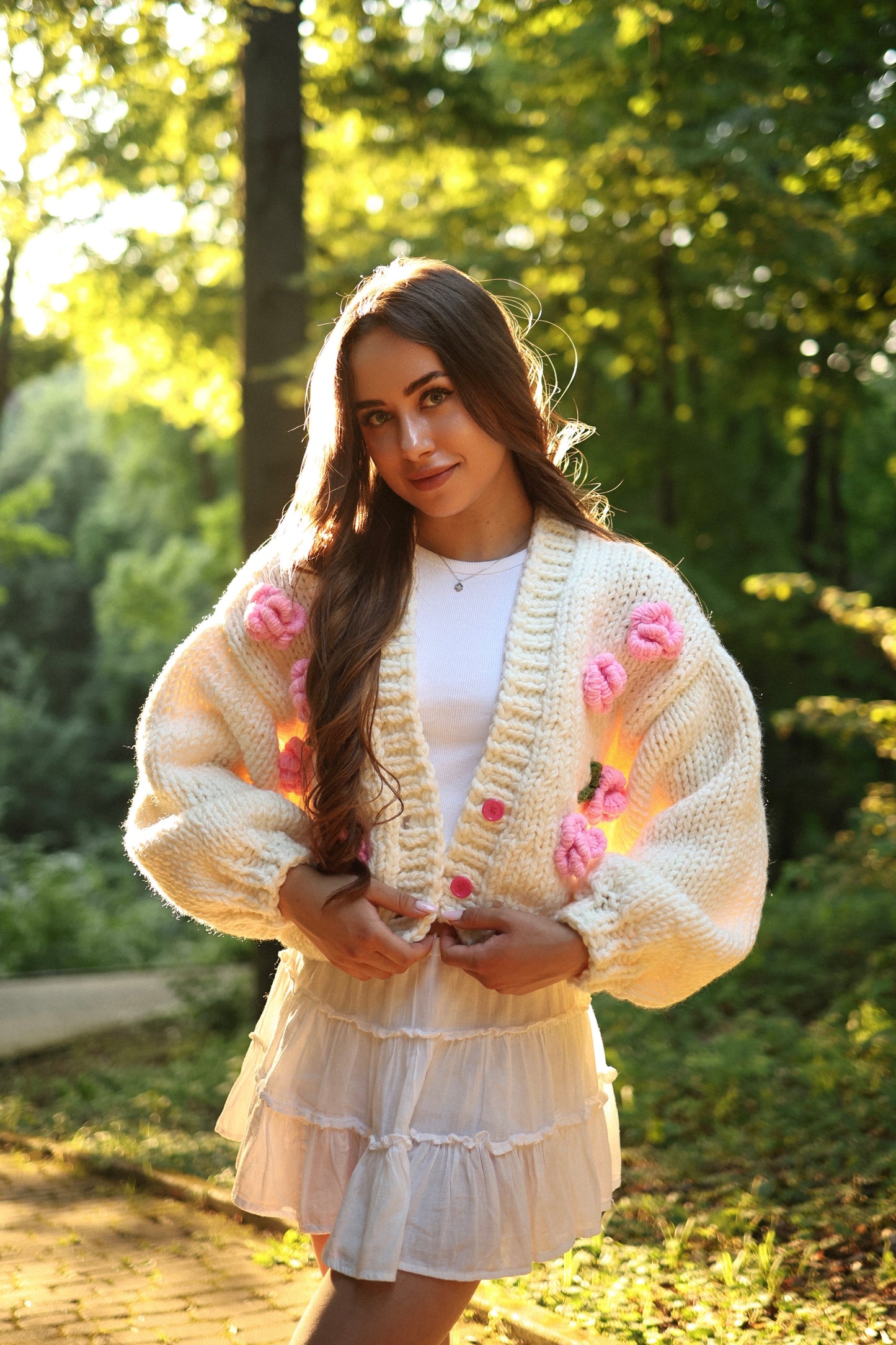 Women's Luxury Hand-Knitted Cream Rose Pattern Cardigan