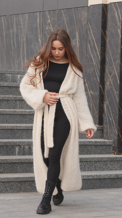 Women's Handmade Chic Long Cream Alpaca Silk Cardigan